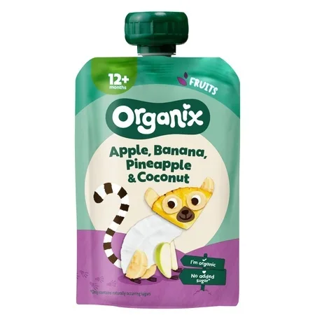 Piure bio de măr, banană, ananas și cocos, 12 luni+, 100 g, Organix — preț și oferte