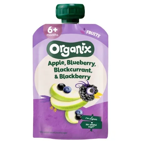 Piure bio de mere, afine, coacăze negre și mure, 6 luni+, 100 g, Organix — preț și oferte