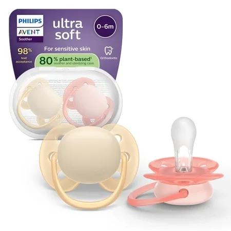 Suzeta Ultra Soft Pacifier Philips Avent, Roz/Portocaliu, 0-6 luni, SCF091/38, 2 bucăți, Philips — preț și oferte