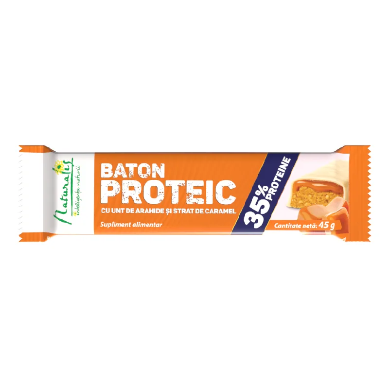 Baton proteic cu unt de arahide si strat de caramel, 45 g, Naturalis — preț și oferte