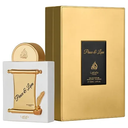 Parfum Lattafa Peace Love, flacon alb cu elemente aurii, capac rotund aur — preț și oferte