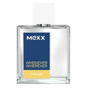 Eau de Toilette Mexx Whenever Wherever For Him, 50ml, sticlă transparentă, etichetă albastru-galben
