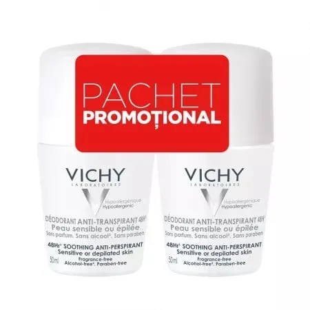 Pachet Deodorant roll-on antiperspirant fara parfum 48h, 50 ml + 50 ml, Vichy — preț și oferte