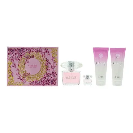 Set Cadou Parfum Versace Bright Crystal, 4 bucăți (Eau de Toilette 90ml + Gel de duș 100ml + Loțiune pentru corp 100ml + EDT 5ml), cutie roz cu motive florale — preț și oferte