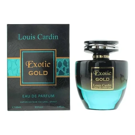 Perfumă Louis Cardin Exotic Gold, EDP, 100 ml, sticlă cu gradient albastru-verzui și capac argintiu — preț și oferte
