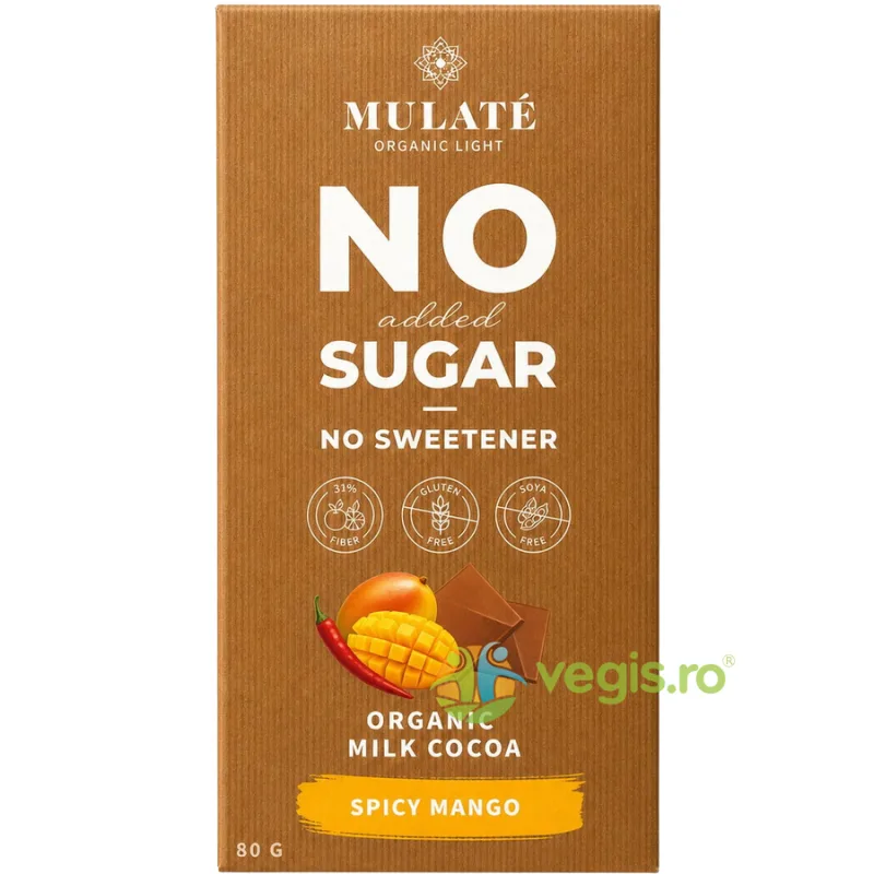 Ciocolata cu Lapte, Mango si Piper Cayenne fara Zahar Adaugat 80g MULATE — preț și oferte