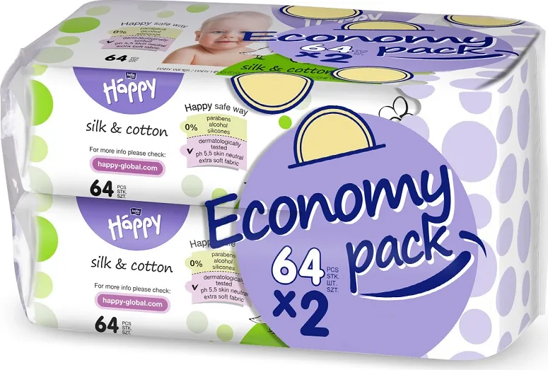 Servetele umede Happy Silk & Cotton, 2 x 64 bucati, Bella Baby — preț și oferte