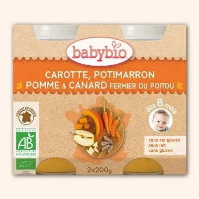 Piure bio din morcov, dovleac, mar si rata, +8 luni, 2x200g, BabyBio — preț și oferte
