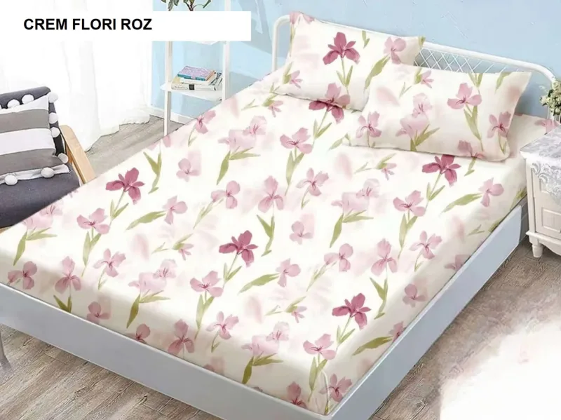 Husa de pat Finet + 2 fete de perna crem flori roz 200x160 cm, Ralex | 1 buc RALEX INFINITY — preț și oferte