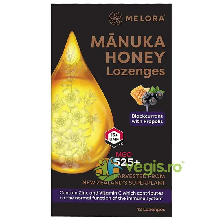 Dropsuri cu Miere de Manuka MGO 525+ (UMF 15+) Coacaze Negre si Propolis 12buc Melora — preț și oferte