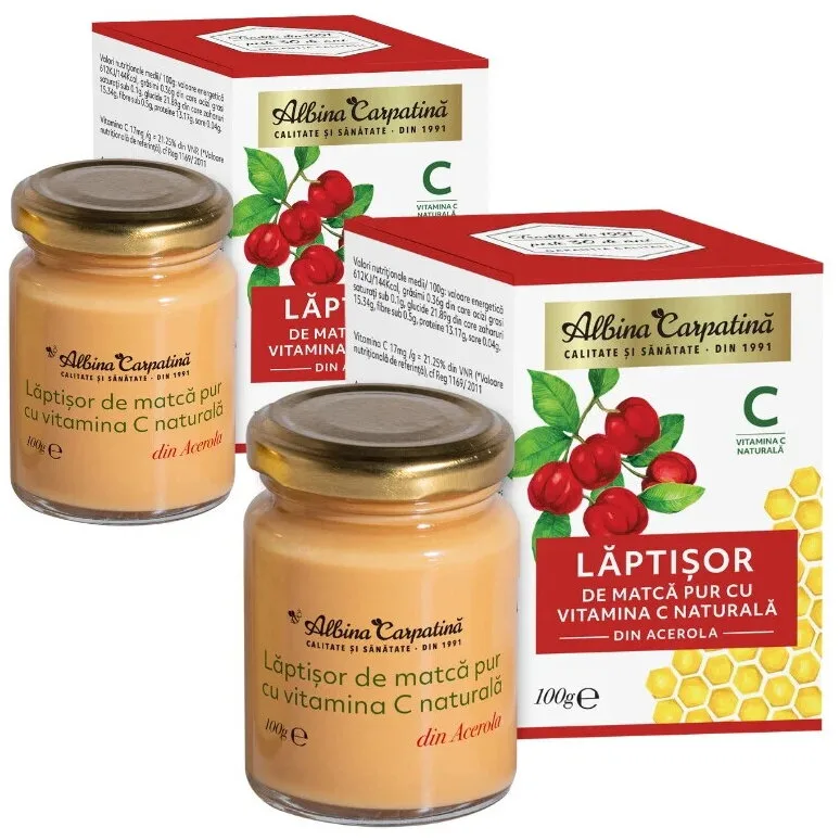 Pachet Laptisor de Matca Pur cu Vitamina C Naturala din Acerola 100g+100g Albina Carpatina — preț și oferte