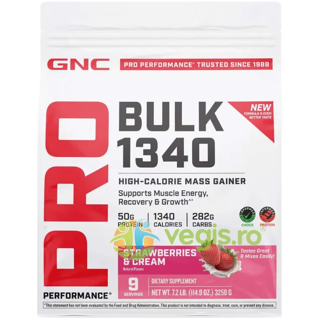 Formula Proteica pentru Crestere in Greutate cu Aroma de Capsuni, Testata Antidoping, Bulk 1340 Pro Performance 3258g GNC — preț și oferte