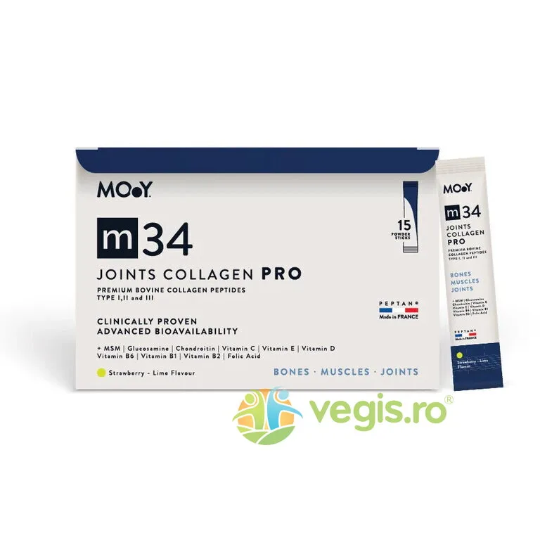 Colagen Hidrolizat Bovin Premium pentru Articulatii m34 Pro cu Aroma de Capsuni si Lime 15 plicuri Molecules of Youth — preț și oferte