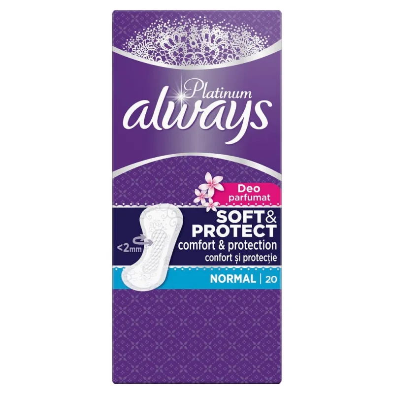 Absorbante zilnice parfumate Always Platinum Soft&Protect Normal, 20 bucăți, P&G — preț și oferte