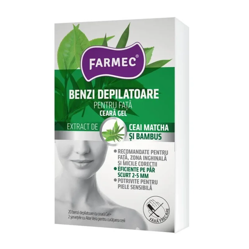 Benzi depilatoare pentru fata cu ceara-gel, 10 x 2 bucati, Farmec — preț și oferte