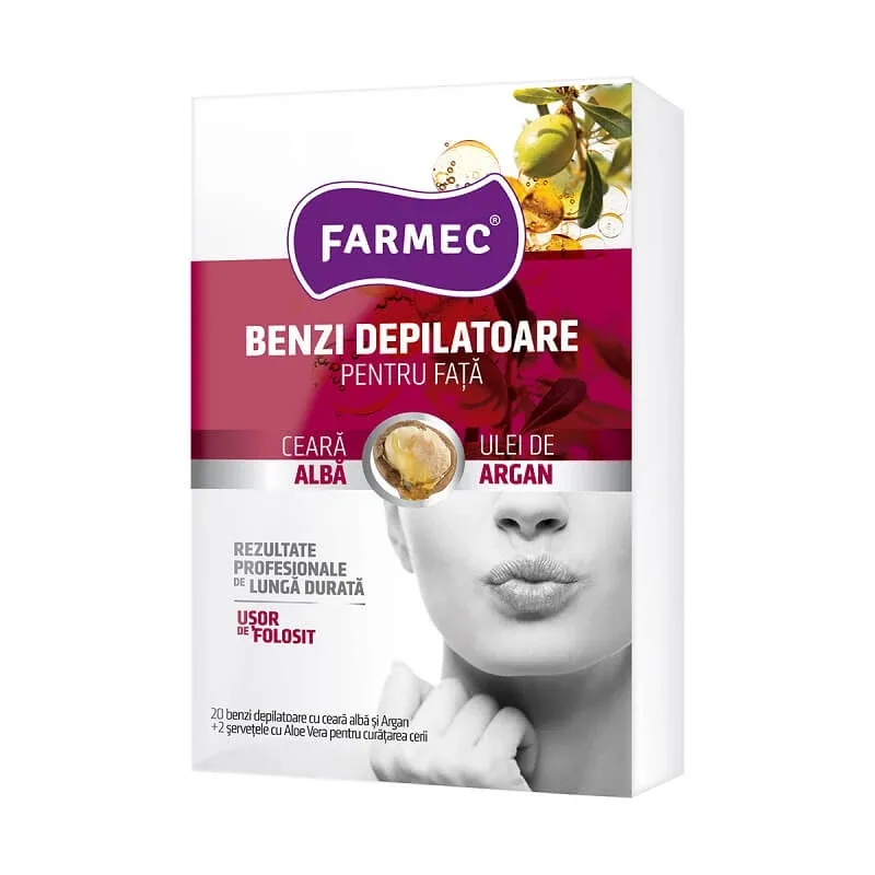 Benzi depilatoare pentru fata ceara alba ulei de argan, 20 bucati, Farmec — preț și oferte