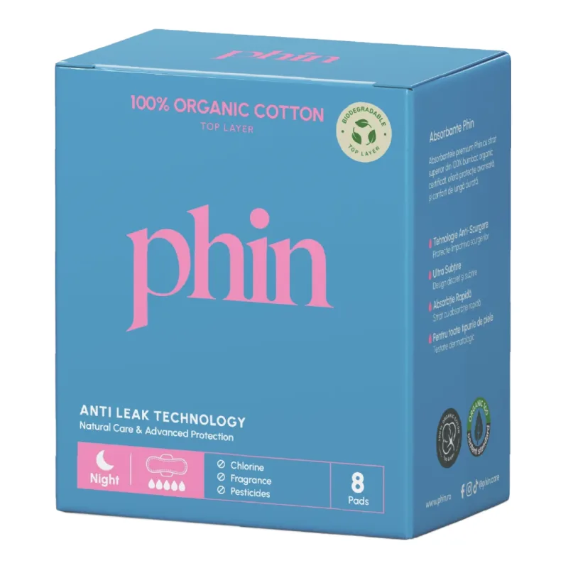 Absorbante de noapte din Bumbac Organic, 8 bucati, Phin — preț și oferte