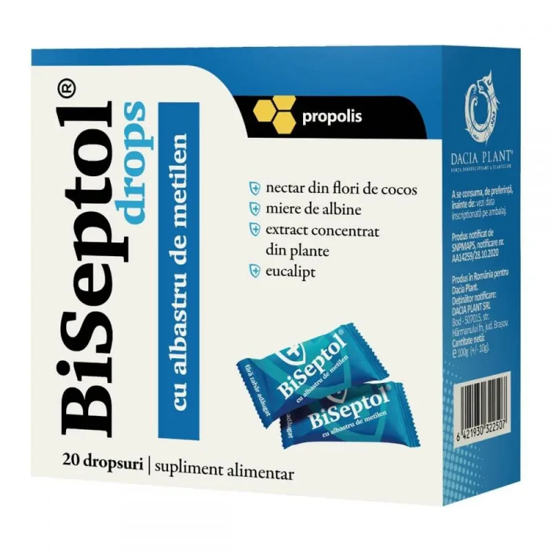 BiSeptol drops cu propolis și albastru de metilen, 20 bucăți, Dacia Plant — preț și oferte
