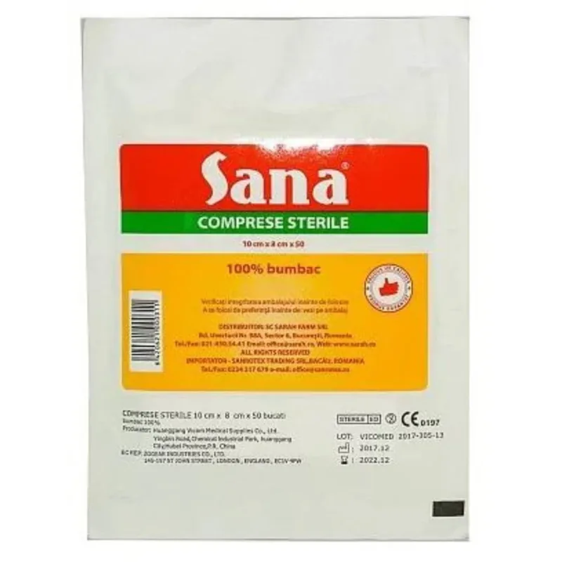 Comprese sterile tăiate, 10 x 8 cm, 50 bucăți, Sana — preț și oferte