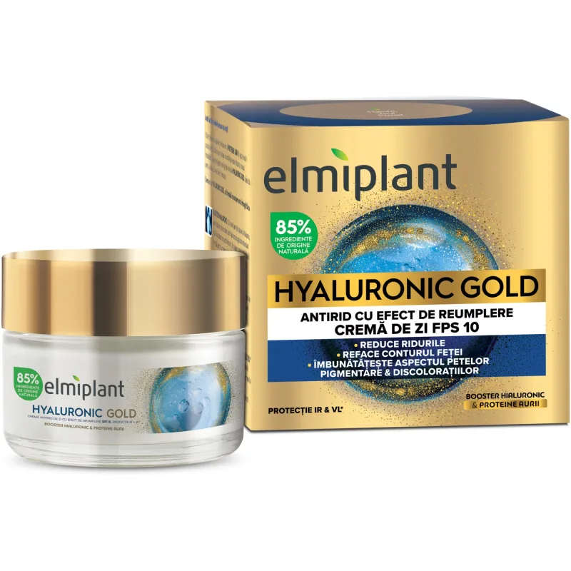 Cremă de zi antirid cu efect de umplere SPF 10 Hyaluronic Gold, 50 ml, Elmiplant — preț și oferte