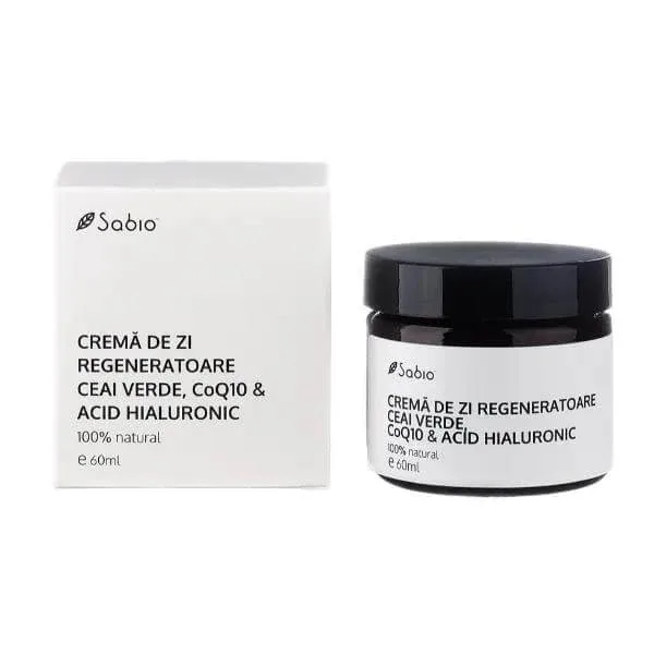 Cremă de zi regeneratoare cu ceai verde, Acid Hialuronic și Coenzima Q10, 60 ml, Sabio — preț și oferte