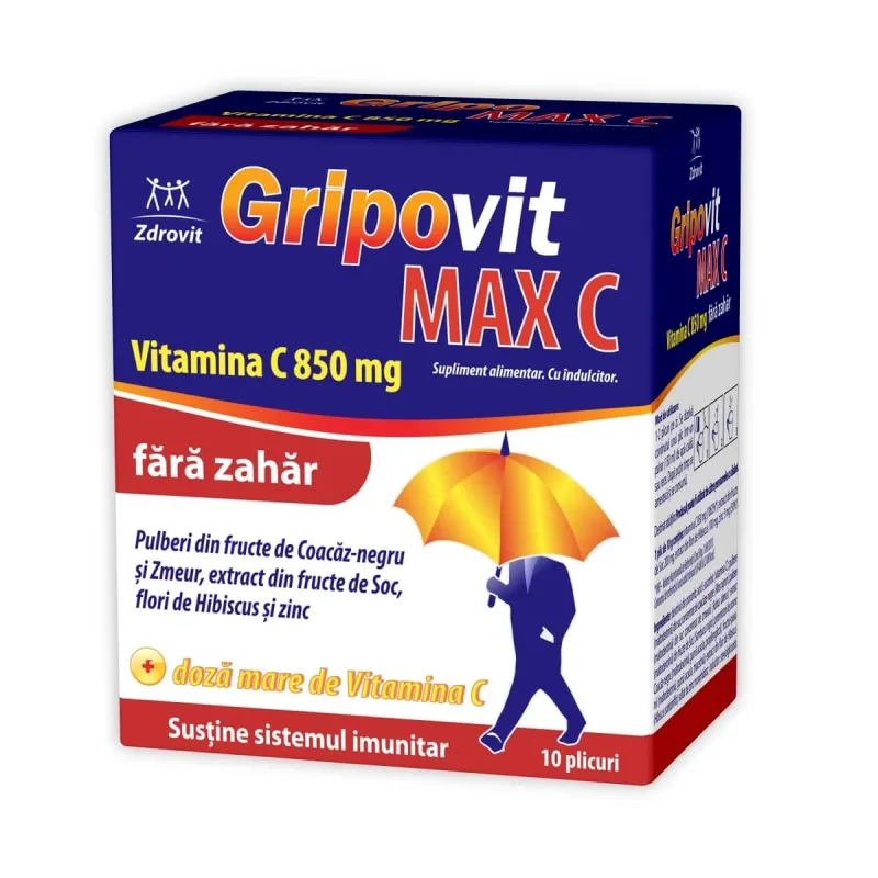 Gripovit Max C fără zahăr 850 mg, 10 plicuri, Zdrovit — preț și oferte