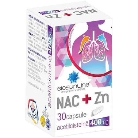 NAC+Zn 400 mg cu vitamina C și zinc Bioline, 30 capsule, Helcor — preț și oferte