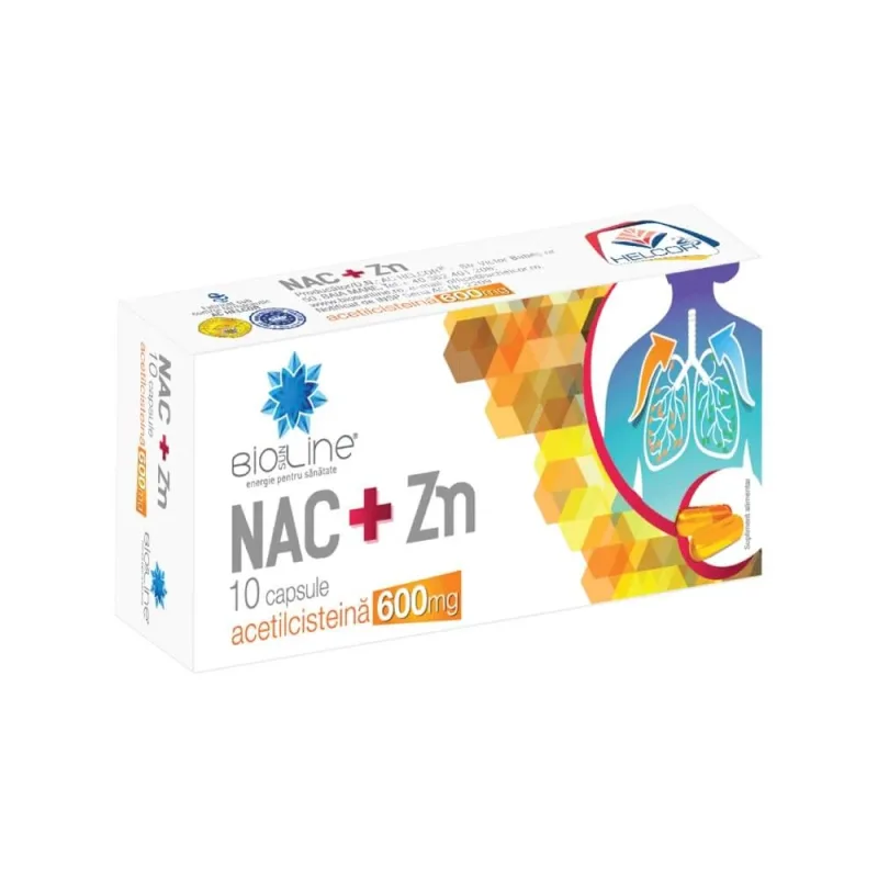 NAC+Zn 600 mg Acetilcisteină cu vitamina C Bioline, 10 capsule, Helcor — preț și oferte