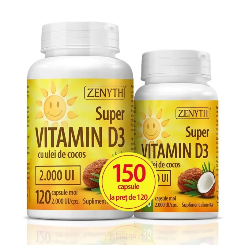 Pachet Super Vitamina D3 cu ulei de cocos 2000UI, 120 + 30 capsule, Zenyth — preț și oferte
