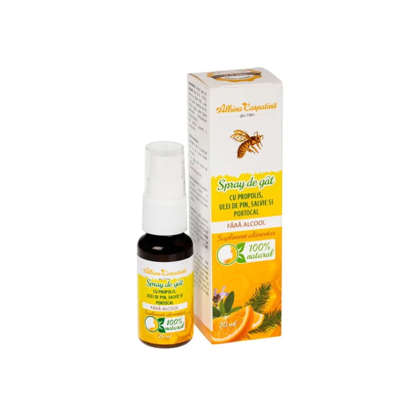 Spray de gât cu propolis, ulei de pin, salvie și portocal Albina Carpatină, 20 ml, Apicola Pastoral — preț și oferte