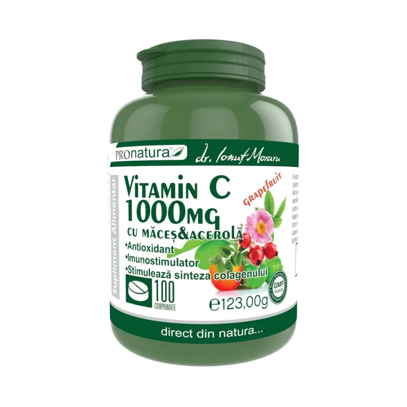 Vitamina C 1000 mg Zmeura cu maceșe și acerola, 100 comprimate, Pro Natura — preț și oferte