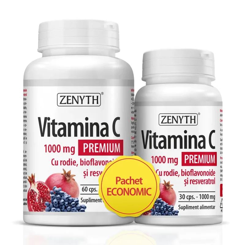 Vitamina C Premium cu rodie, bioflavonoide și resveratrol 1000 mg, 60 + 30 capsule, Zenyth — preț și oferte