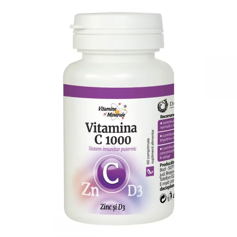 Vitamina C1000 cu Zinc si D3, 60 comprimate, Dacia Plant — preț și oferte