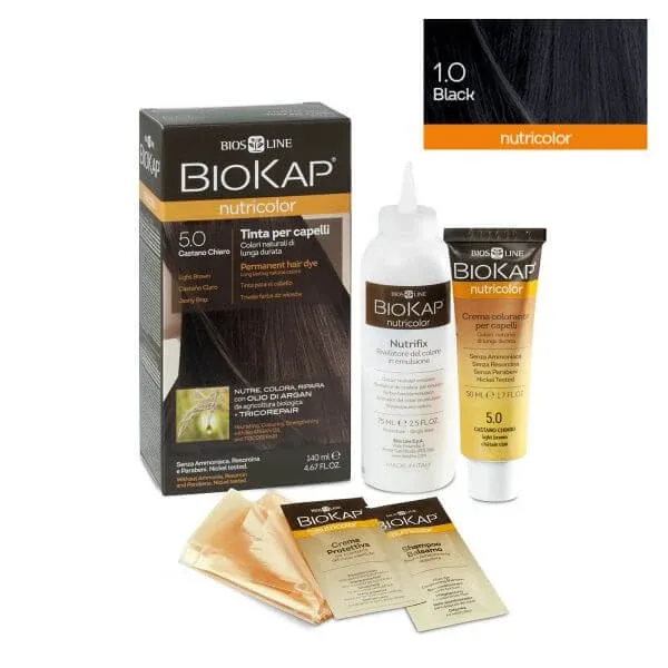 Vopsea permanentă pentru păr Nutricolor, Nuanţa Black 1.0, 140 ml, Biokap — preț și oferte