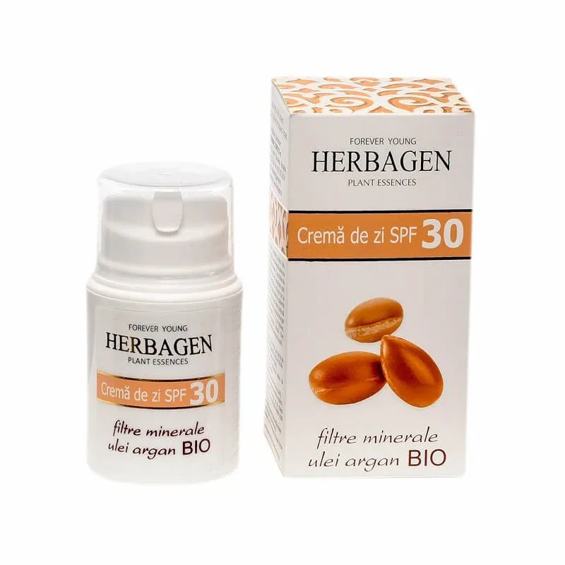 Crema de zi cu filtre minerale si ulei de argan Bio SPF 30, 50 g, Herbagen — preț și oferte