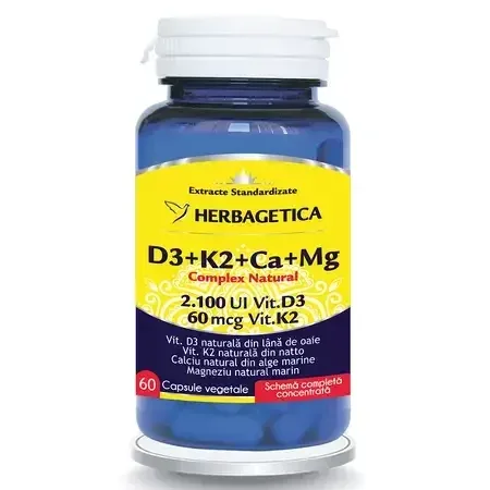 Complex natural D3+K2+Ca+Mg, 60 capsule vegetale, Herbagetica — preț și oferte