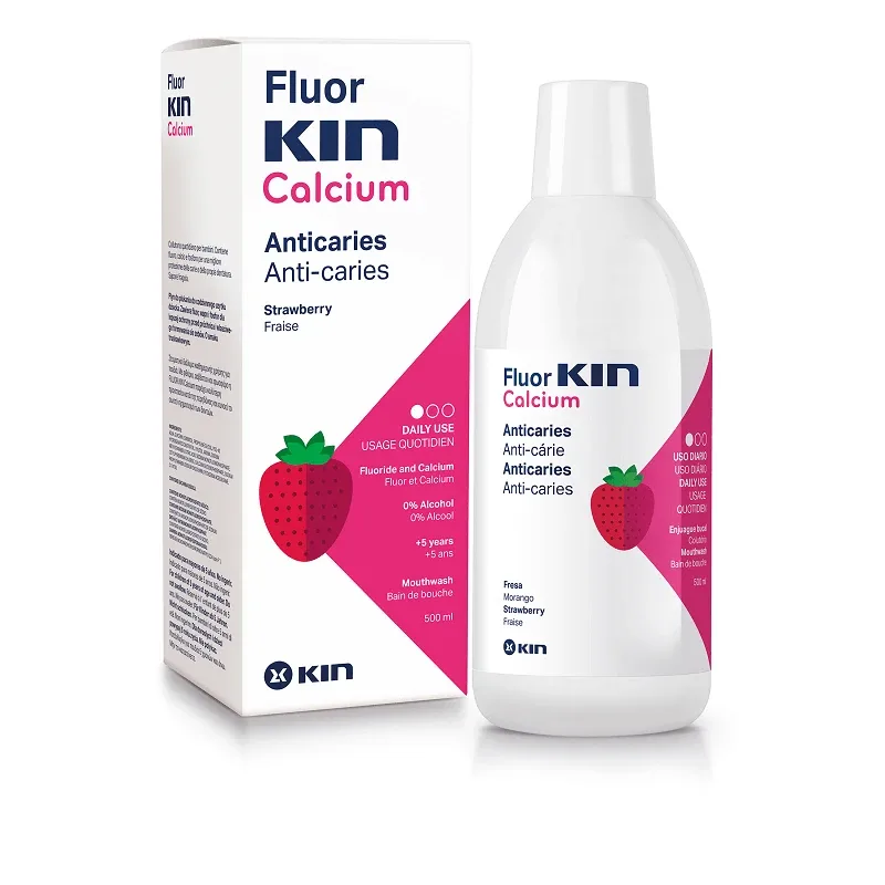 Apa de gura pentru copii cu aroma de capsuni, Fluor Kin Calcium, 500 ml, Laboratorios Kin — preț și oferte