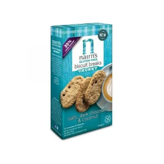 Biscuiti din ovaz cu cocos si ciocolata neagra fara gluten, 160 g, Nairns — preț și oferte