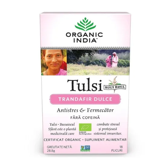 Ceai Tulsi Trandafir Dulce Antistres, 18 plicuri, Organic India — preț și oferte