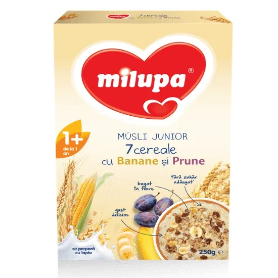 Cereale cu banane si prune Musli Junior 7, +12 luni, 250 g, Milupa — preț și oferte
