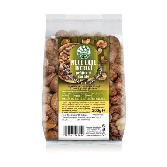 Nuci caju intregi, prajite si sarate, 200 g, Herbal Sana — preț și oferte