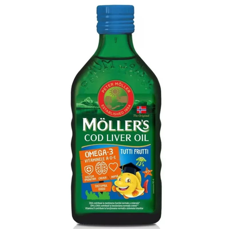 Omega 3 ulei ficat de cod cu aromă tutti-frutti pentru copii, 250 ml, Möller's — preț și oferte