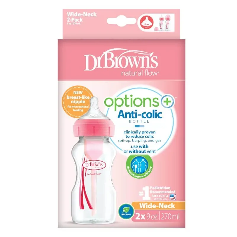 Pachet biberoane anticolici cu gat larg Options+ Roz, 270 ml, 2 buc, Dr Browns — preț și oferte