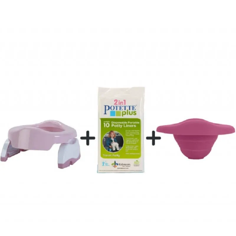 Pachet Olita portabila + liner reutilizabil + 10 pungi biodegradabile, roz-alb, Potette Plus — preț și oferte