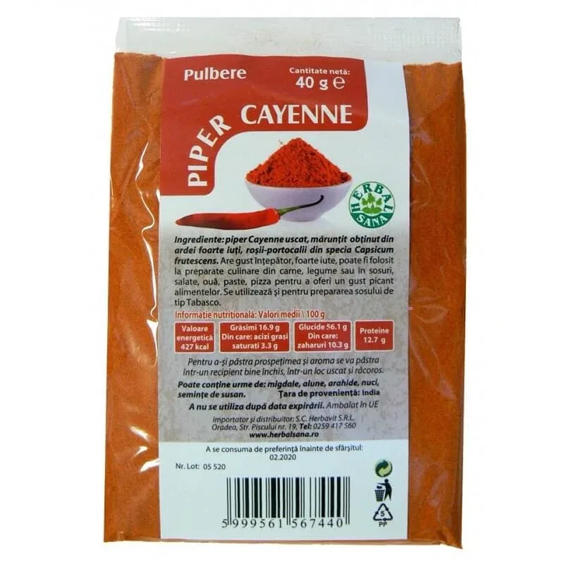 Piper Cayenne pulbere, 40 gr, Herbal Sana — preț și oferte