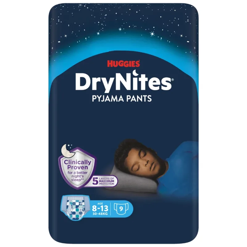 Scutece de noapte pentru bǎieți Drynites, 8-13 ani, 30-48 kg, 9 bucǎți, Huggies  — preț și oferte