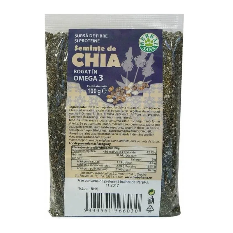 Seminte de chia, 100 g, Herbal Sana — preț și oferte