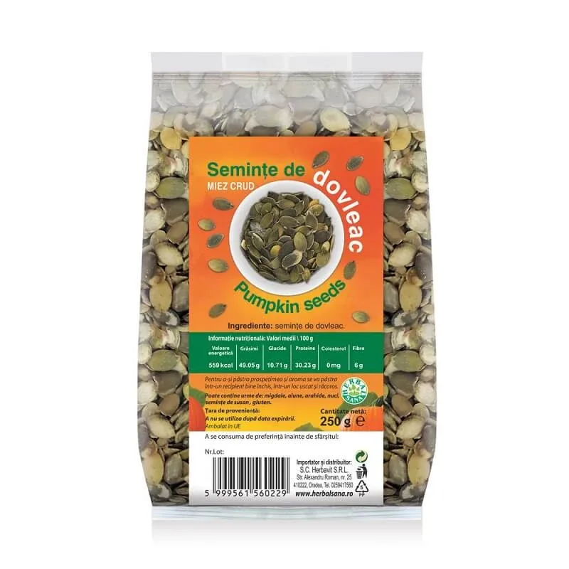 Seminte de dovleac Miez Crud, 250 gr, Herbal Sana — preț și oferte