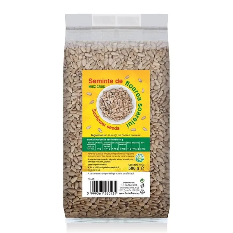 Seminte de floarea soarelui, Miez Crud, 500 gr, Herbal Sana — preț și oferte