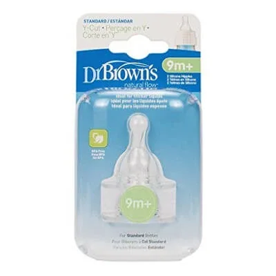 Tetine din silicon pentru biberoane cu gat ingust cu taietura in Y pentru lichide dense, +9 luni, 2 bucati, Dr.Browns — preț și oferte